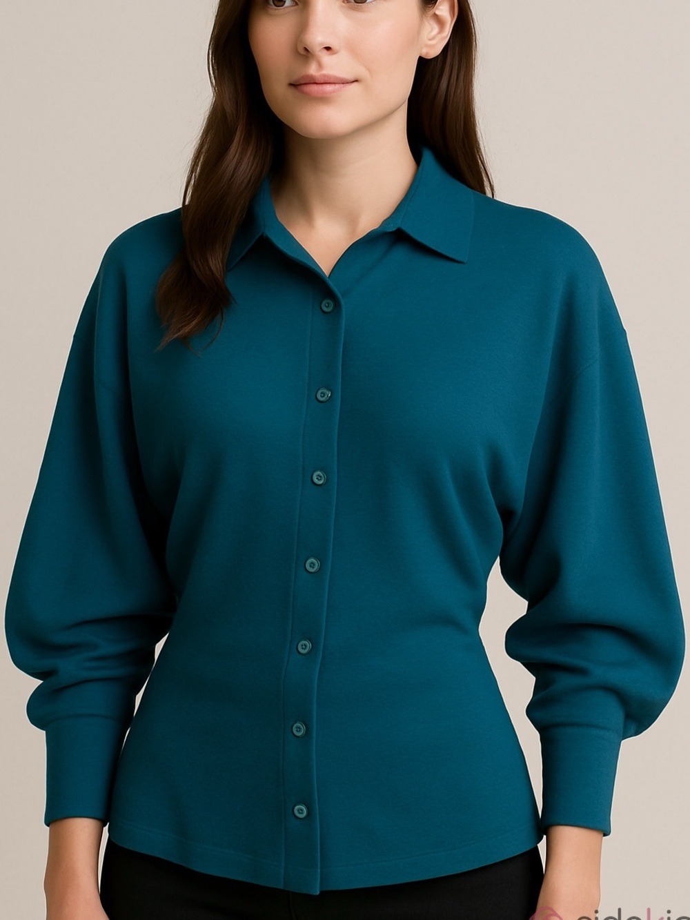 Norma Kamali vintage 1980’s Teal Snap-Front Collared Shirt dolman sleeves large